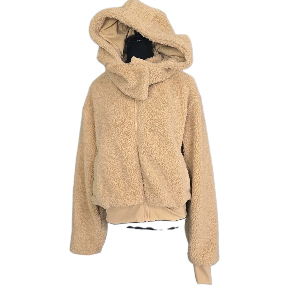 Quince Womens Hooded Sherpa Jacket Large Camel Tan Teddy Bear Soft Cozy
